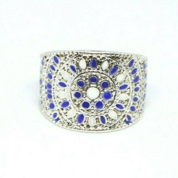 Blue Enamel Flower Silver Tone Statement Ring - Picture 1 of 4